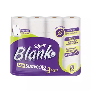 Papel Higiénico Super Blanko Max Suavecito 3 H. 16 Unidades